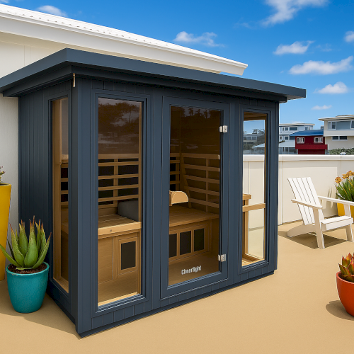 A small, modern outdoor sauna with glass doors and dark frame is on a terrace, surrounded by potted plants and white chairs.