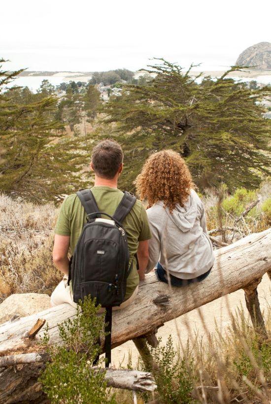 Two people sitting on a log overlook a scenic landscape with trees, shrubs, and a distant rock formation under a cloudy sky.